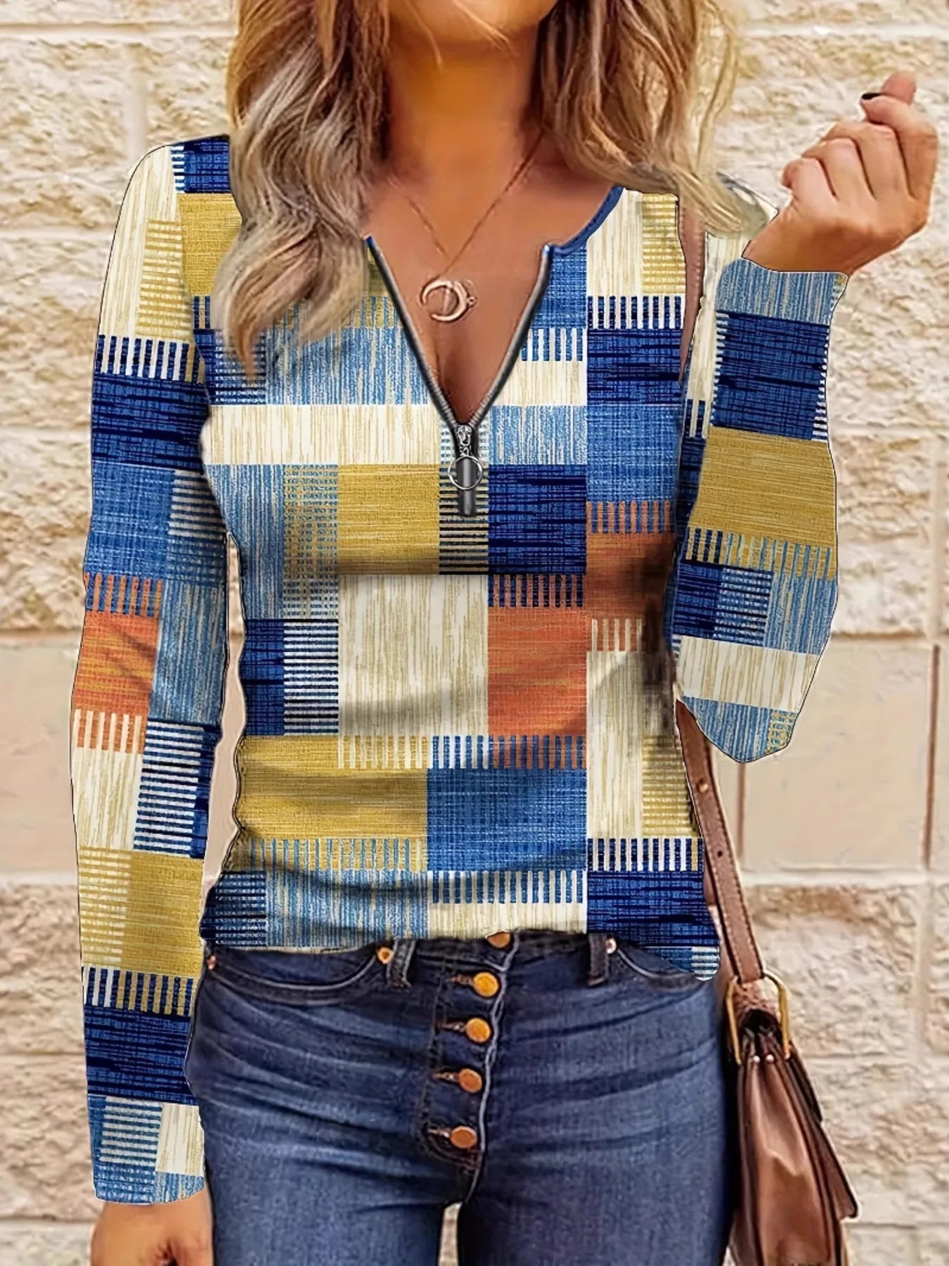 Color Block Zip Front Long Sleeve Top - Stylish & Stretchy 100% Polyester Design