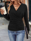Ruched Surplice Long Sleeve T-Shirt Black