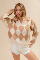 BiBi Diamond Pattern Collared Notch Neck Sweater