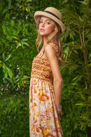 Davi & Dani Multi Smocked Bodice Geo Ruffle Strappy Midi Dress