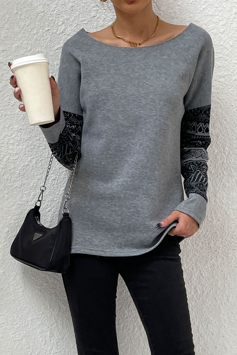 Trendy Boat Neck Long Sleeve Blouse with Chic Printed Design – Casual Fit, Slightly Stretchy