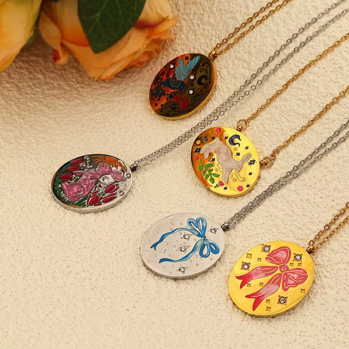 Stainless Steel Pendant Necklace - Platinum-Plated, 18K Gold-Plated, Zircon & Resin Accents