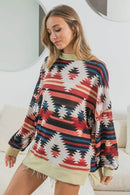 BiBi Aztec Print Mock Neck Long Sleeve Top - Oversized, Soft Cotton Blend, Tribal Chic - Store 42