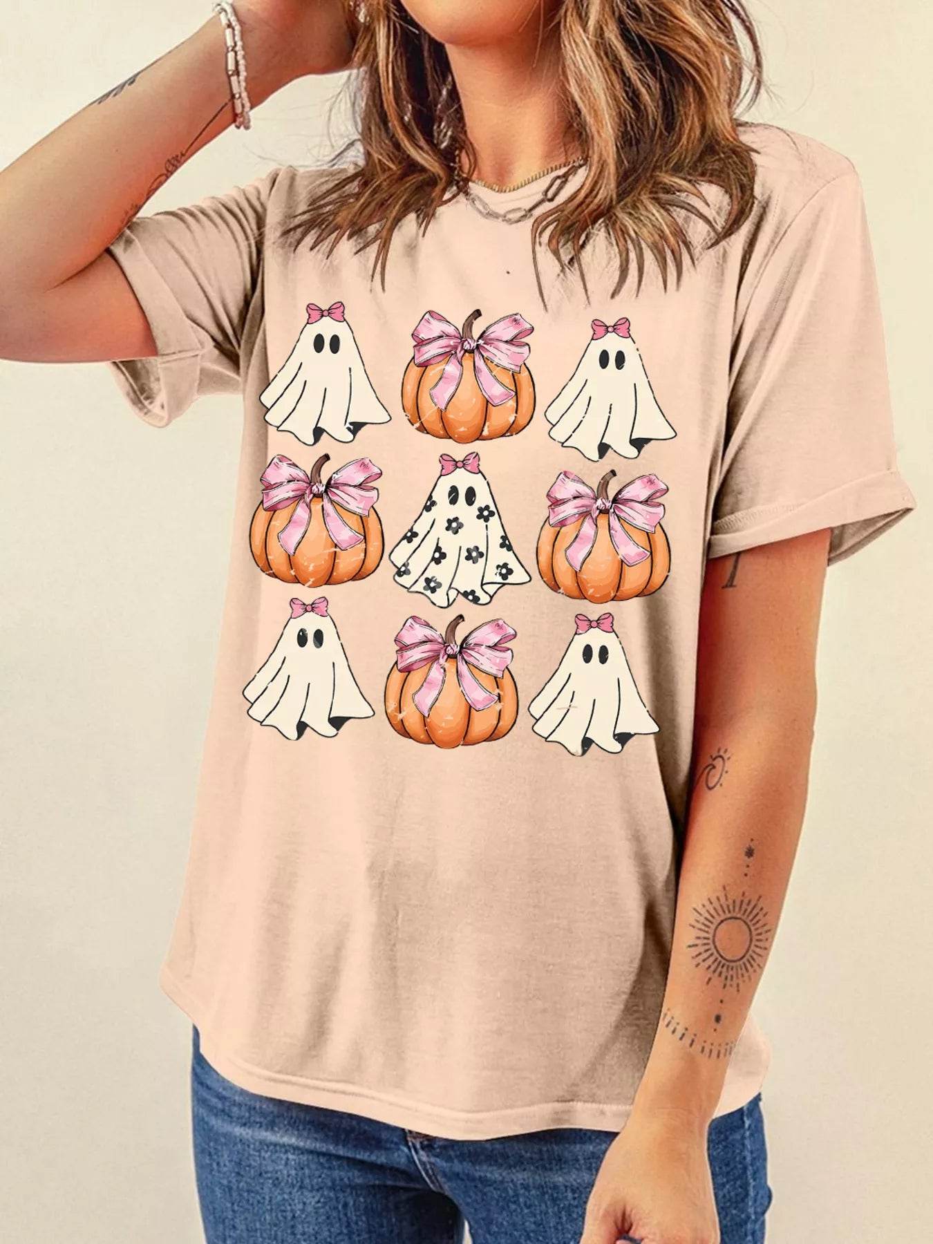 Halloween Ghost Pumpkin Bowknot T-Shirt, Slightly Stretchy, 62% Polyester, Fun Graphic Top
