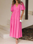 V-Neck Puff Sleeve Midi Dress