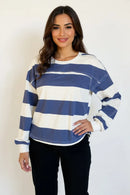 Oh Pima Cotton Wash Exposed Seam Contrast Striped Round Neck Long Sleeve T-Shirt Dusty Blue