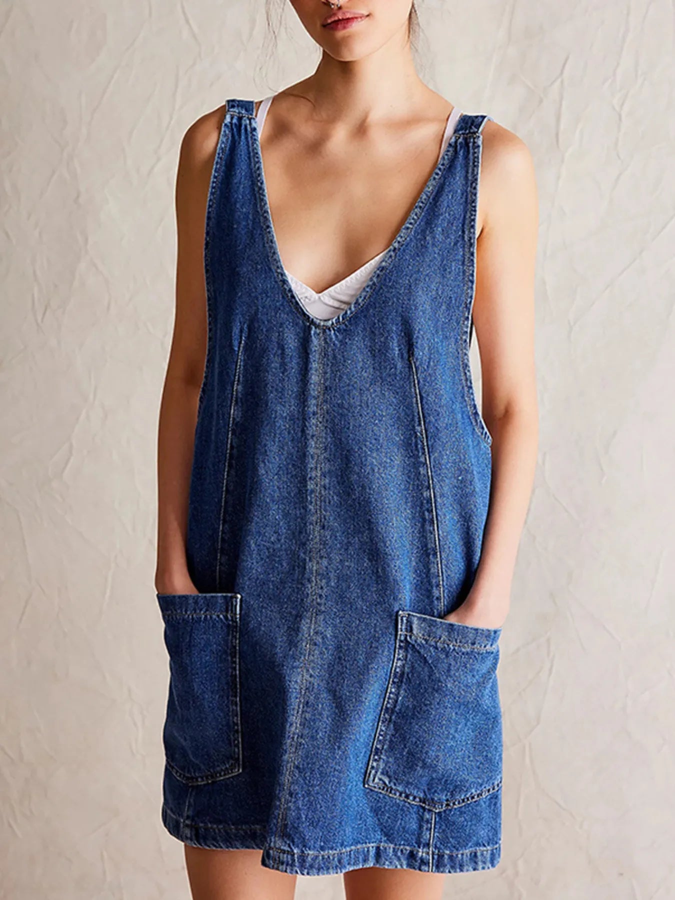 Oversized V-Neck Denim Tank Dress with Front Pockets