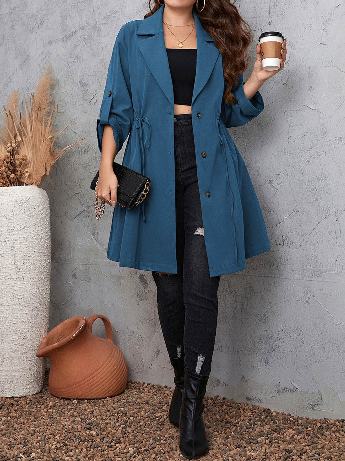 Honey Plus Size Lapel Collar Drawstring Roll-Tab Sleeve Trench Coat - Store 42