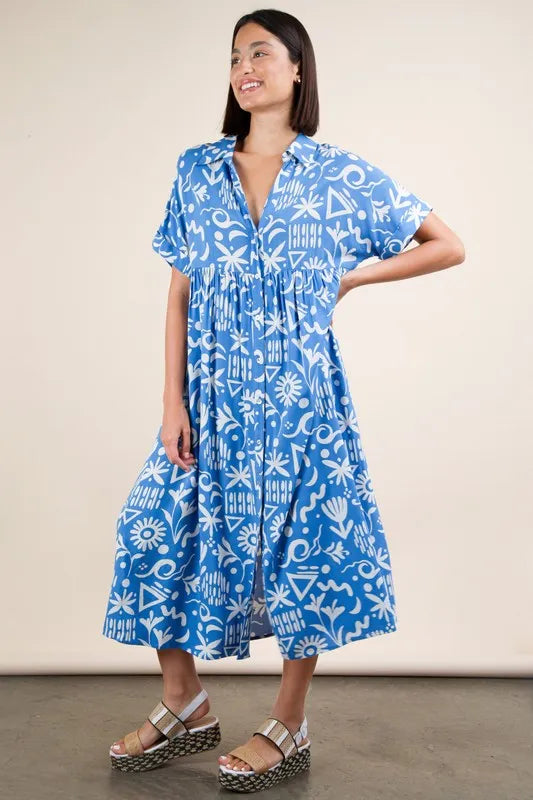 VERY J Plus Size Oversized Printed Shirt Midi Dress Blue Mix