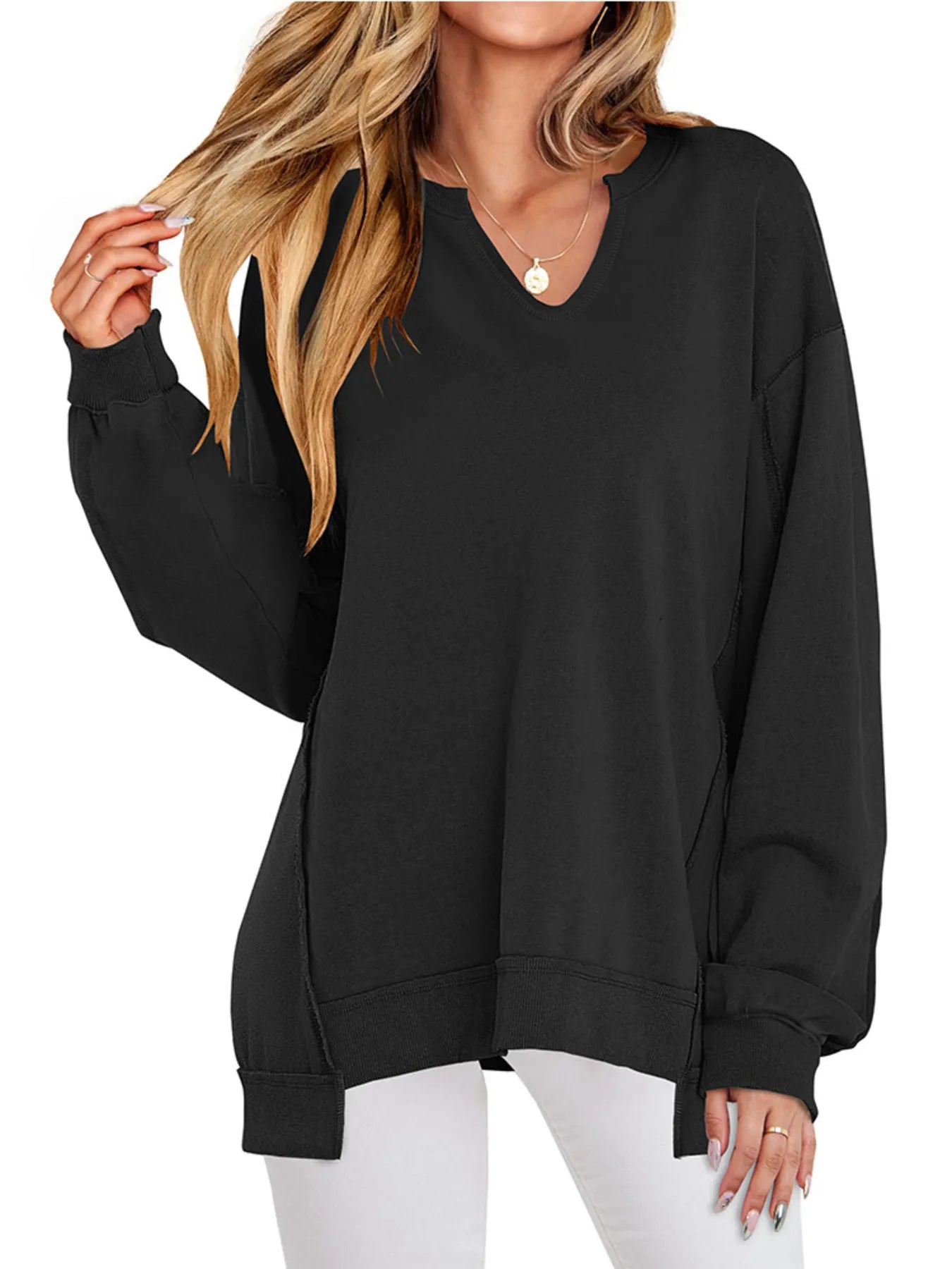 Notched Long Sleeve Oversized Sweatshirt Black
