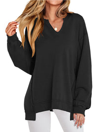 Notched Long Sleeve Oversized Sweatshirt Black