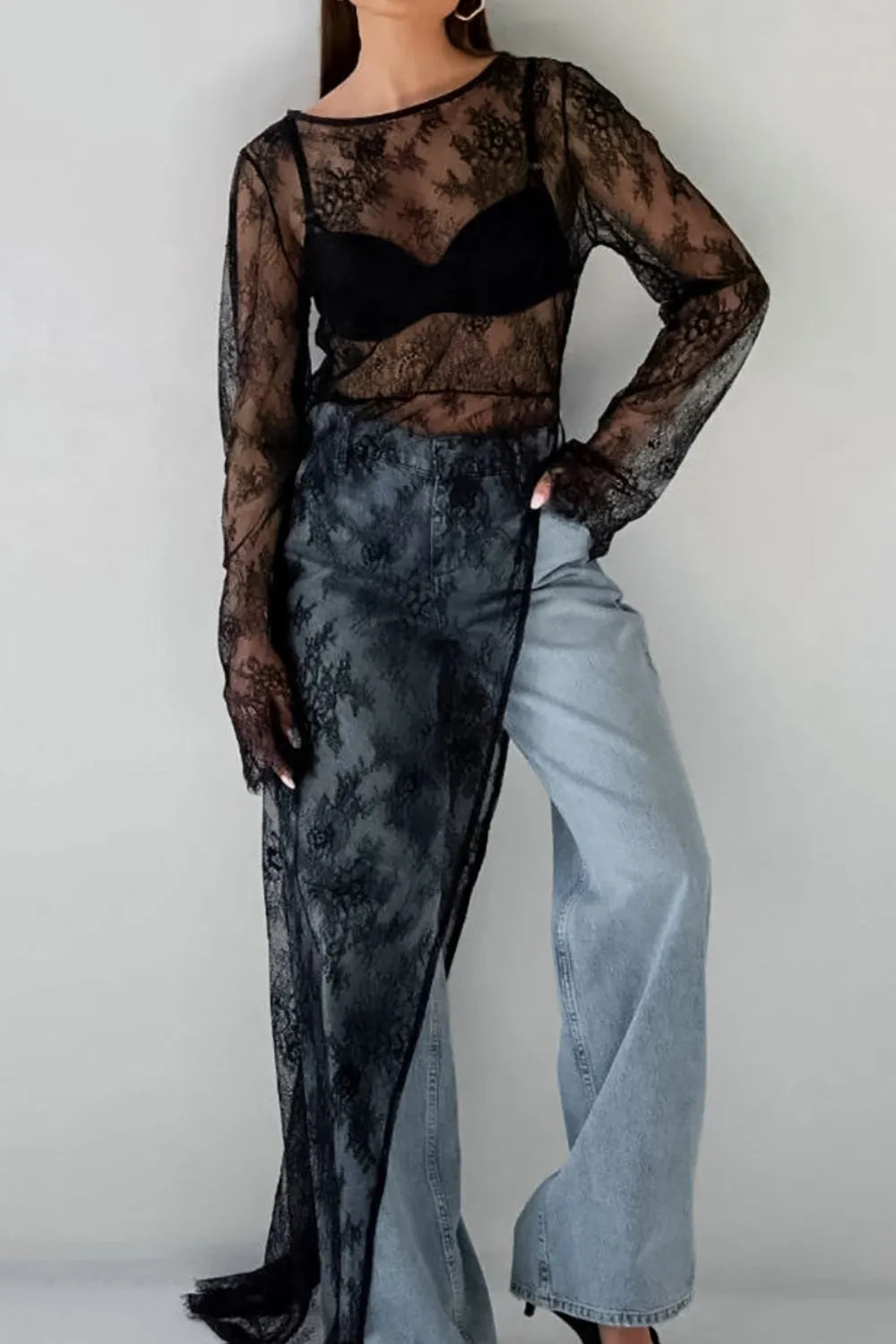 Elegant Fringe Lace Sheer Long Sleeve Top for Women - 100% Brocade, Slightly Stretchy