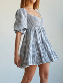 Ruffled Hem Plaid Half Sleeve Mini Dress Light Blue