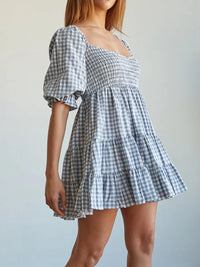 Ruffled Hem Plaid Half Sleeve Mini Dress Light Blue