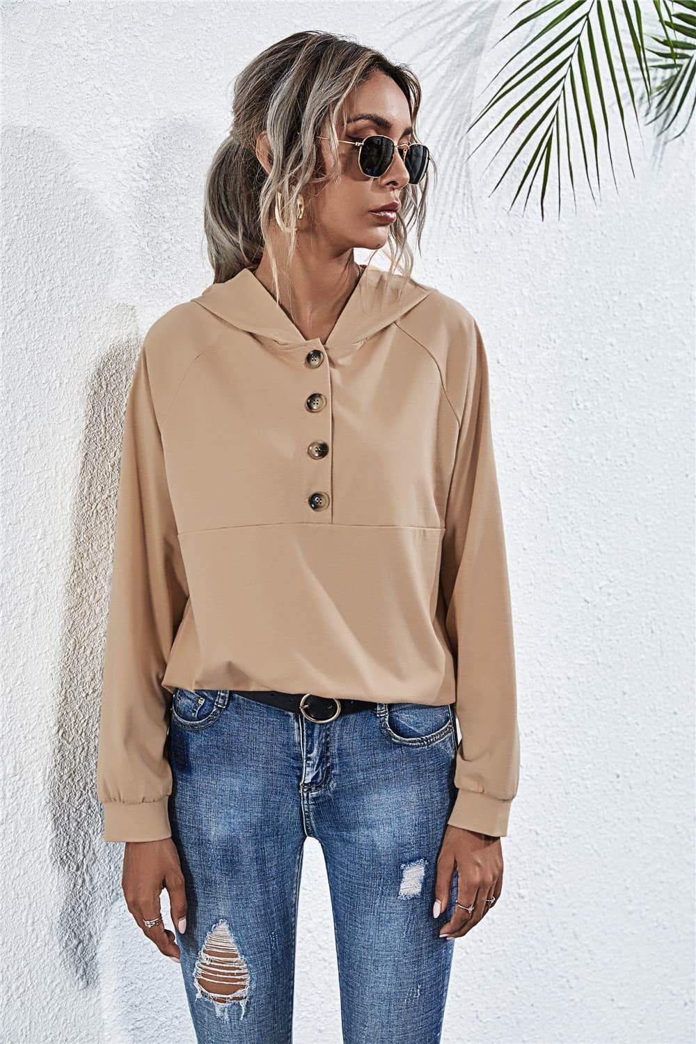 Chic Hooded Blouse with Buttoned Raglan Sleeves - Opaque, Slightly Stretchy, Stylish Comfort - Store 42