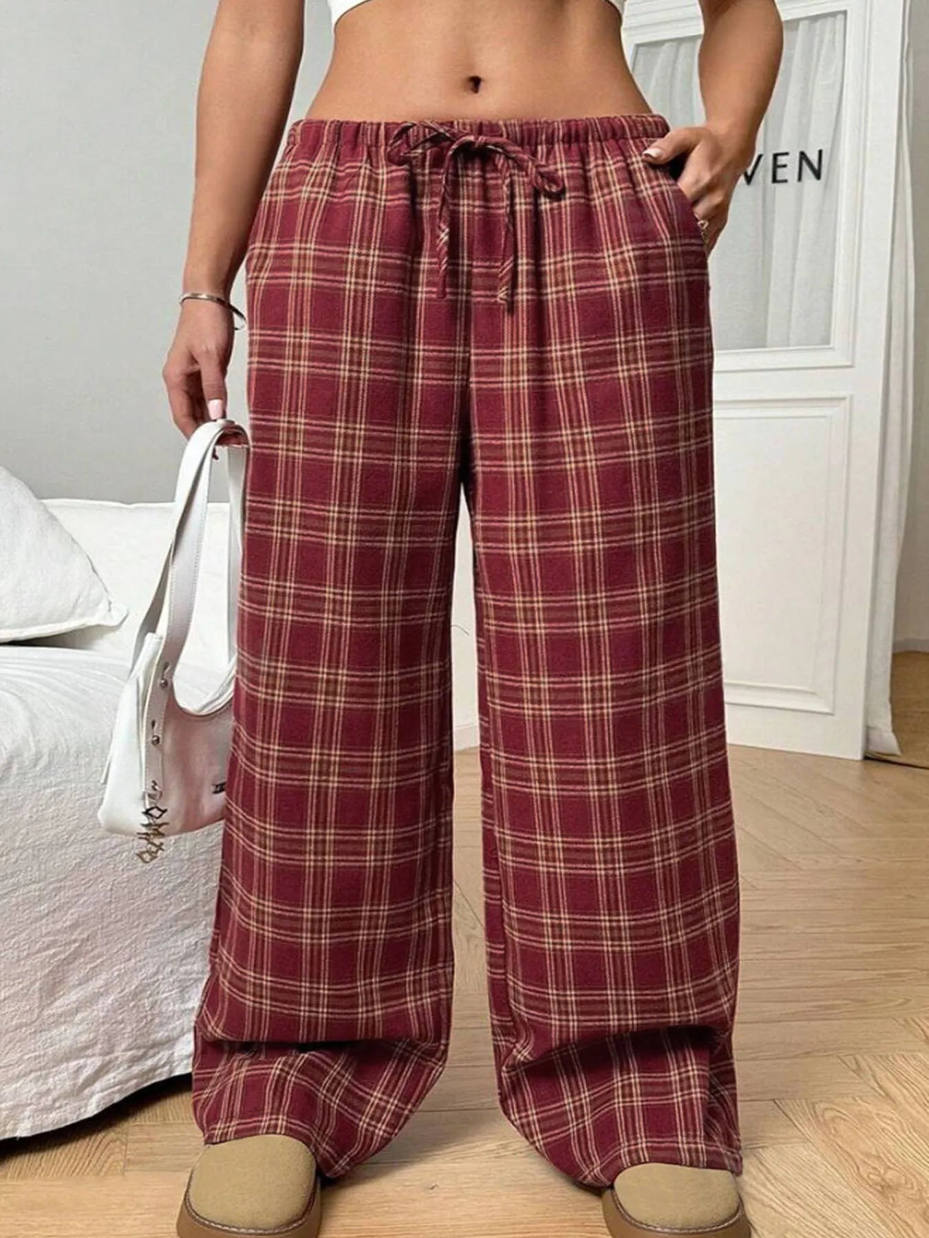 Plaid Wide Leg Drawstring Pants