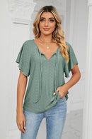Trendsi Casual Eyelet Tie-Neck Flutter Sleeve Top in Solid Color - Slightly Stretchy V-Neck Design - Store 42
