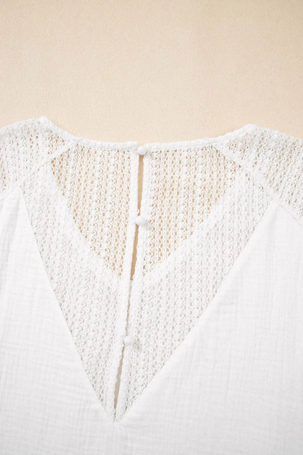 Lace Crochet Button Back V-Neck T-Shirt - Semi-Sheer 100% Cotton Top for Stylish Comfort - Store 42