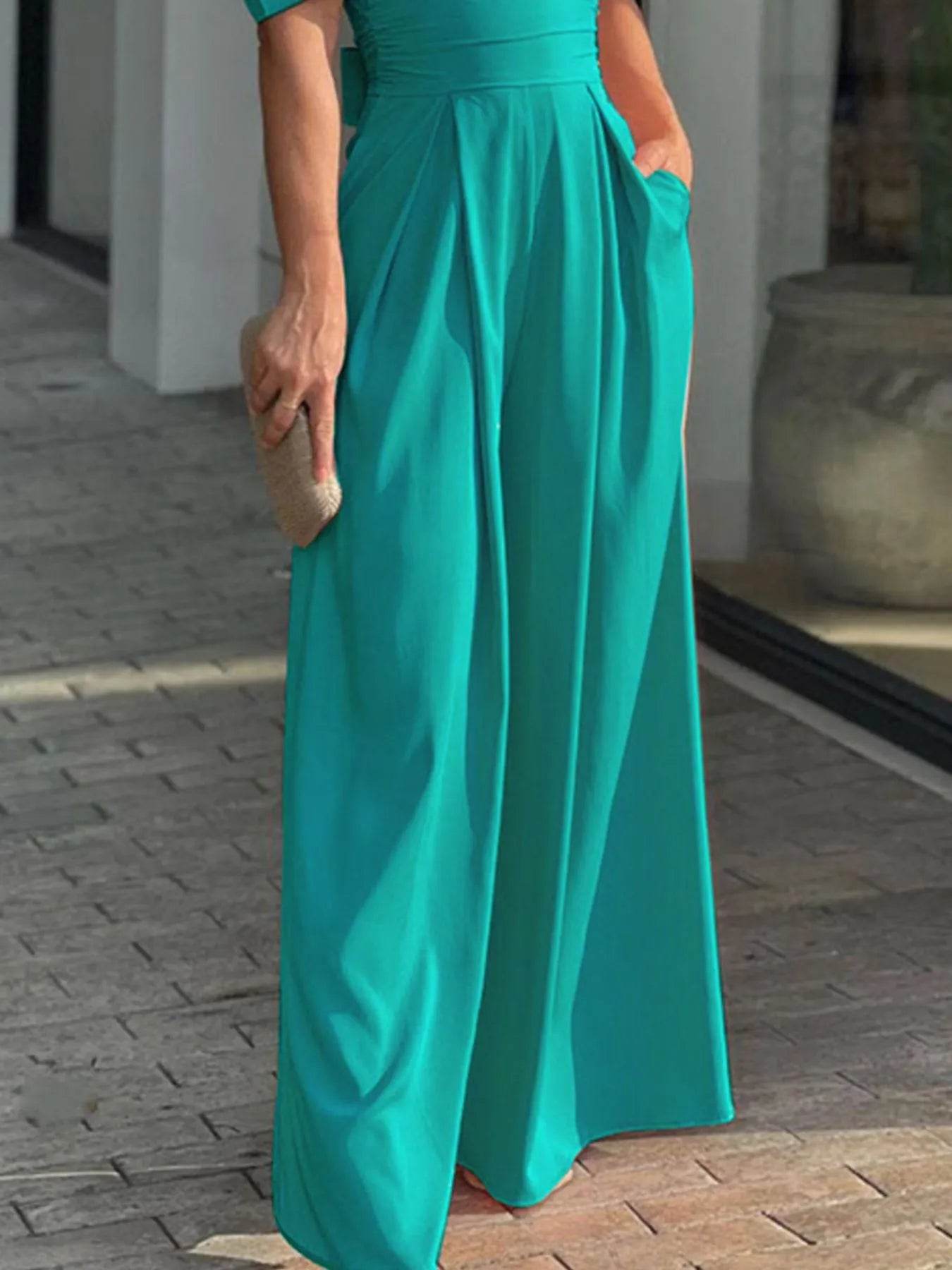 Full Size Cutout V-Neck Puff Sleeve Jumpsuit Plus Size - Store 42
