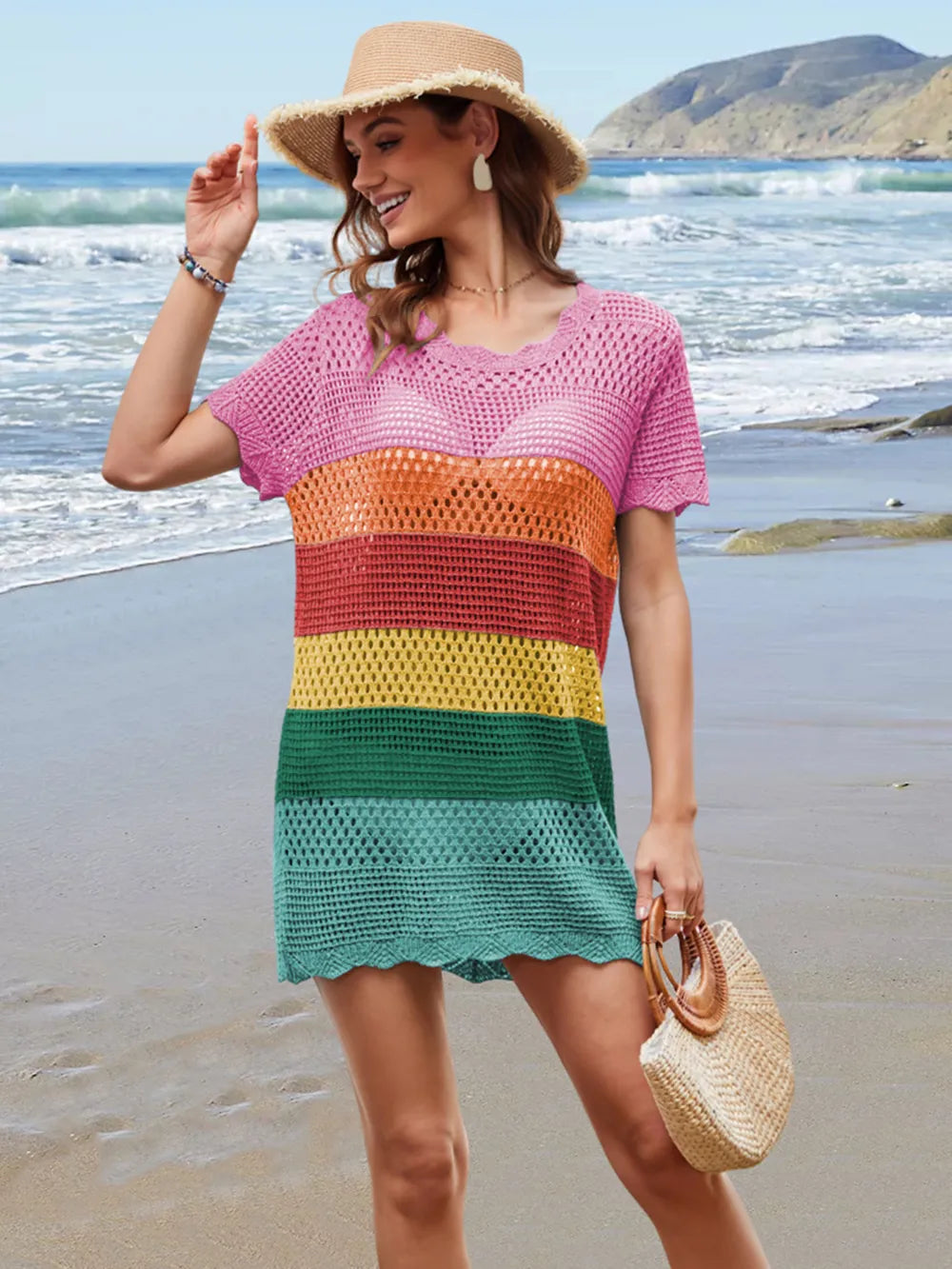 Sheer Openwork Round Neck Short Sleeve Cover-Up for Beach or Pool Day - 100% Viscose