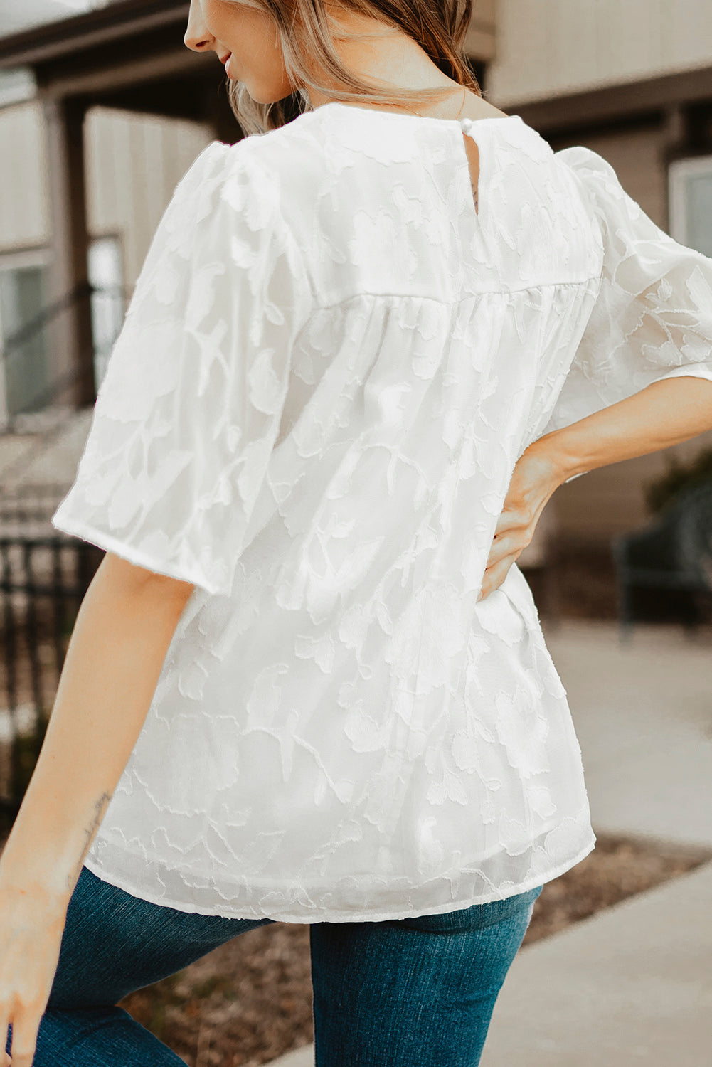 Classy Round Neck Puff Sleeve Blouse with Ruched Design - 100% Polyester, Solid Color