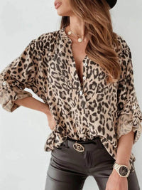 Full Size Leopard Print Roll-Tab Sleeves Blouse Plus Size - Store 42