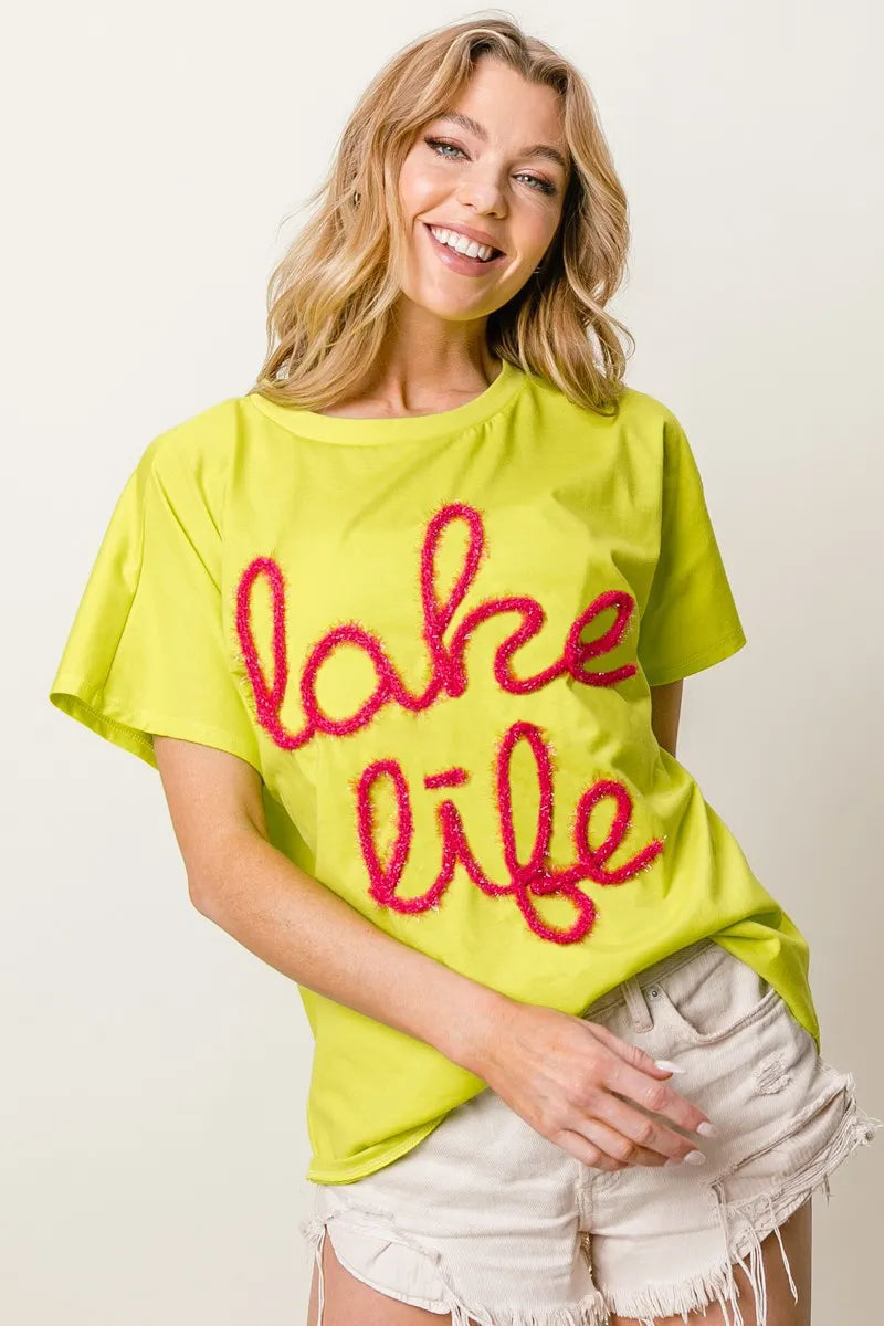 Chic BiBi Metallic Letter Dolman Sleeve Top - Trendy & Relaxed Fit Cotton Shirt