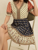 Printed V-Neck Short Sleeve Dress