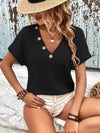 Slightly Stretchy V-Neck Waffle-Knit T-Shirt with Button Detail for Women - Store 42