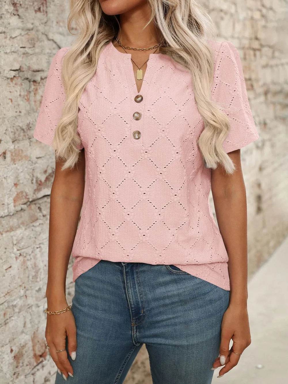 Stylish Eyelet Notched Top with Decorative Buttons - Short Sleeve & Slightly Stretchy, Opaque Fabric - Store 42