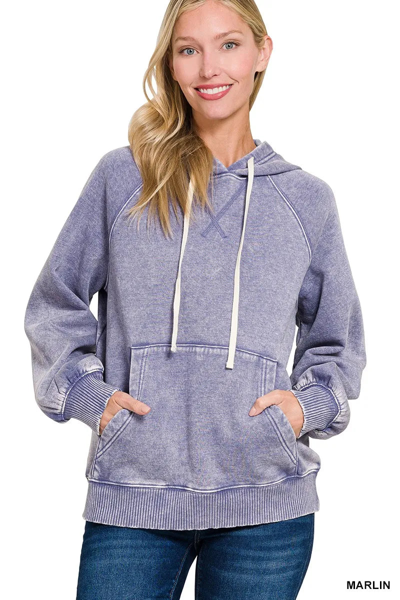 Zenana Acid Wash Fleece Hoodie with Kangaroo Pocket