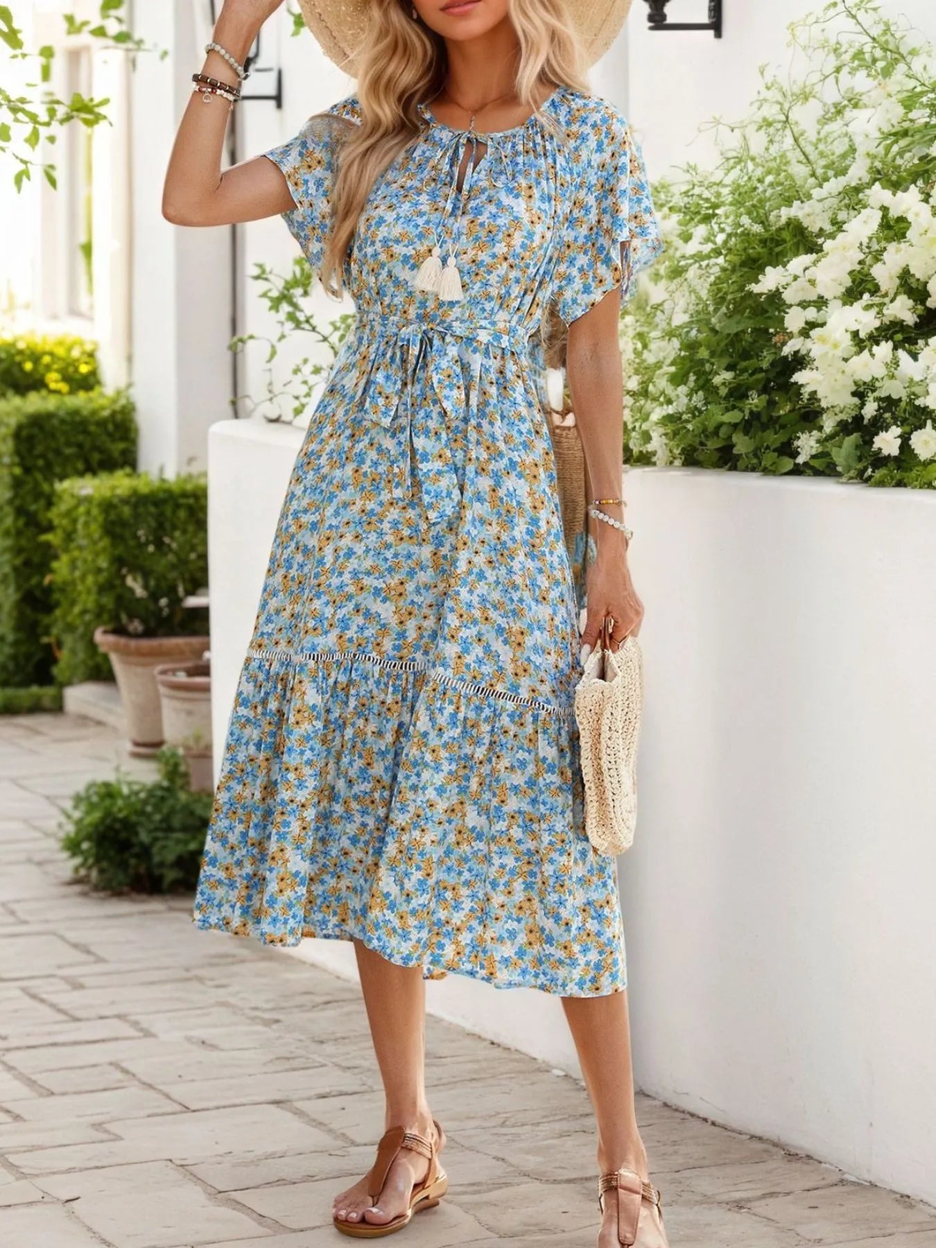 Floral Midi Dress with Tie Front, Tasseled Details, and 100% Cotton Fabric