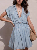 Hlaf Button Striped Cap Sleeve Mini Shirt Dress