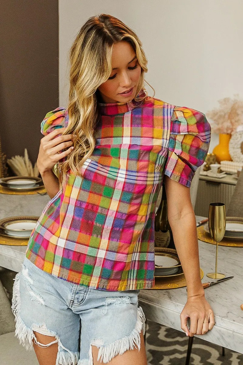 Vibrant Multi-Color Plaid Blouse With Short Puff Sleeves And Round Neckline - Trendy Casual Wear