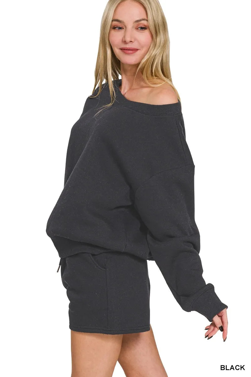 Zenana Off-Shoulder Fleece Sweatshirt and Drawstring Shorts Set - Stylish Loungewear Ensemble