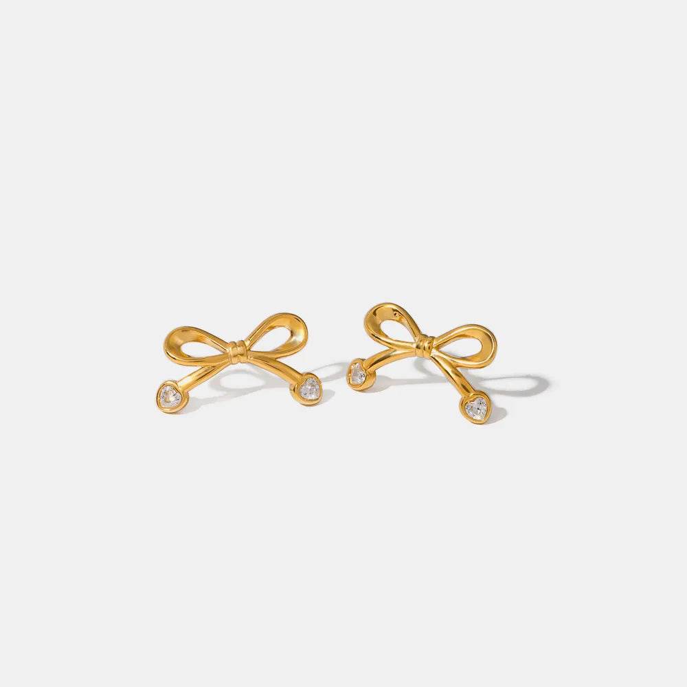 Elegant 18K Gold-Plated Stainless Steel Bow Earrings with Zircon Inlay - Lightweight Fashion Jewelry - Store 42
