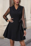 Perfee Lapel Collar Tied Mesh Long Sleeve Dress Black