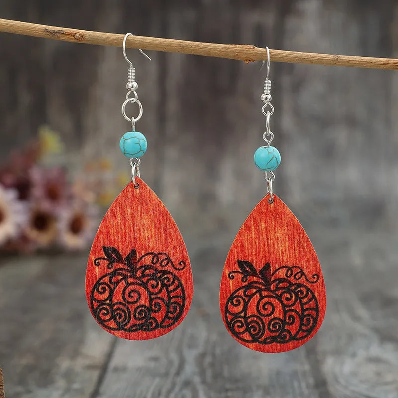 Stylish Turquoise Wooden Pumpkin Teardrop Earrings - Unique Alloy & Wood Design