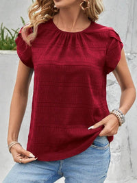 Slightly Stretchy Round Neck Ruched Petal Sleeve Top - 95% Polyester, 5% Spandex - Store 42