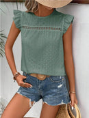 Elegant Eyelet Round Neck Cap Sleeve Top - 95% Polyester, No Stretch, Imported - Store 42