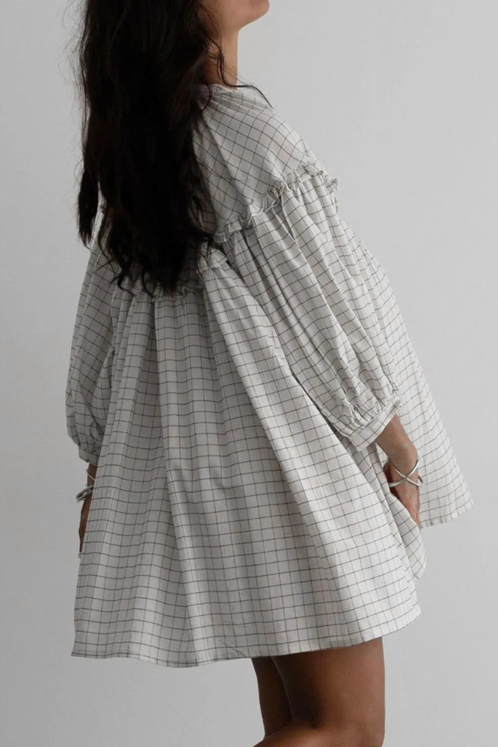 Trendy Frill Plaid Notched Balloon Sleeve Mini Dress - Opaque Cotton Blend, Sizes S-XL