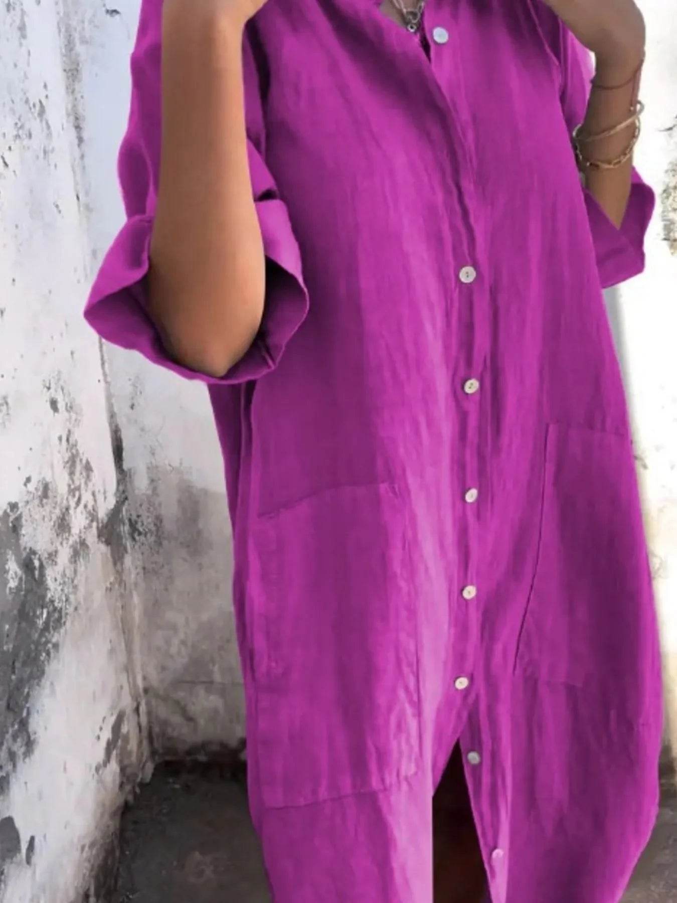 Full Size Casual Linen Button-Down Shirt Dress Plus Size - Store 42