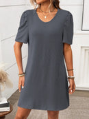 Textured Round Neck Short Sleeve Mini Dress