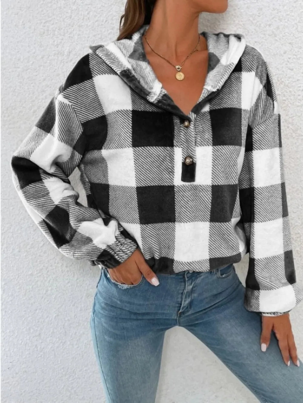 Stylish Plaid Half Button Long Sleeve Hoodie - Opaque, Slightly Stretchy, 100% Polyester