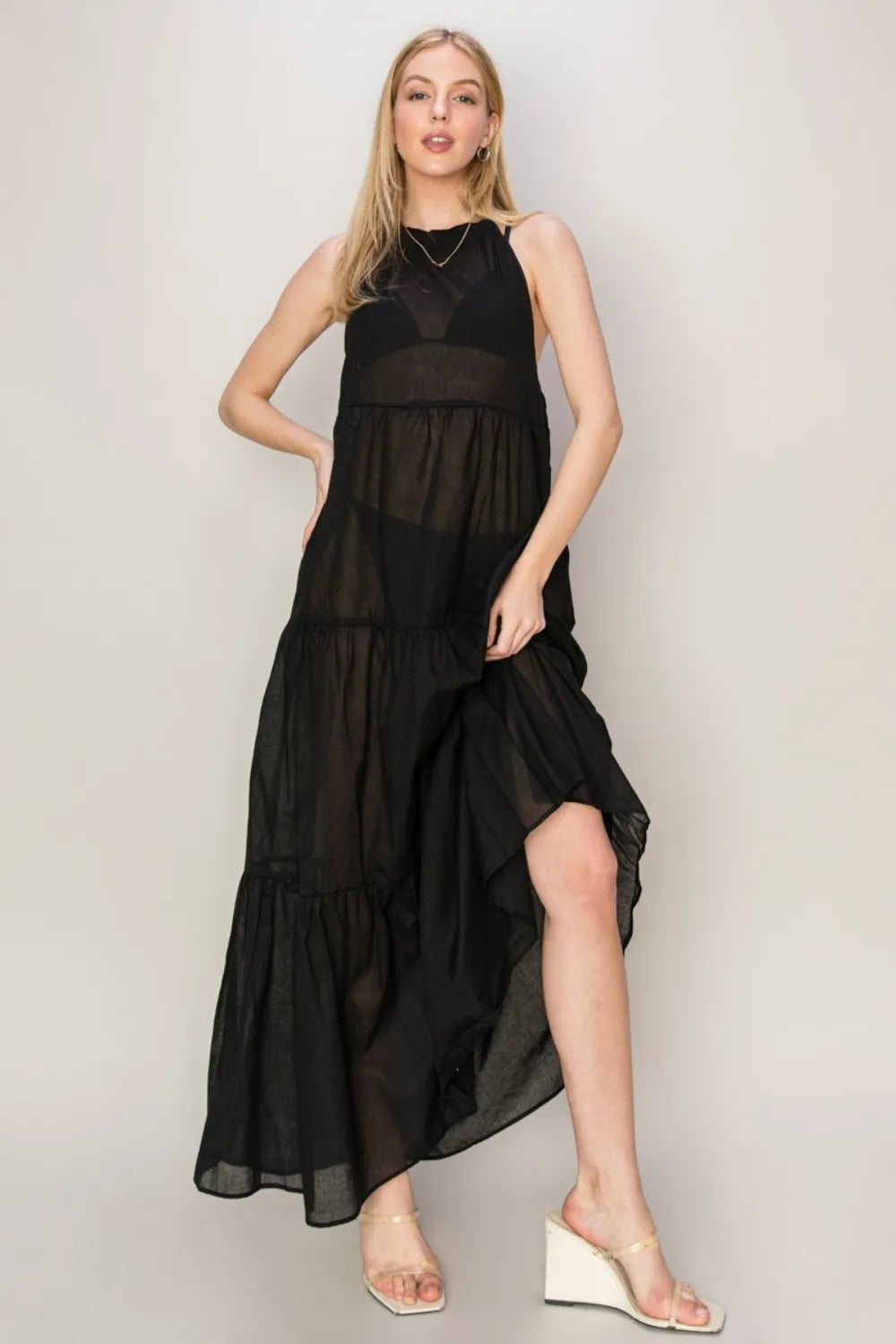 HYFVE Women's Tie-Back Halter Neck Maxi Dress - Semi-Sheer Cotton Voile for Tropical Getaways