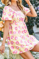 Floral Square Neck Puff Sleeve Pleated Flared Midi Dress