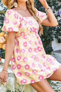 Floral Square Neck Puff Sleeve Pleated Flared Midi Dress