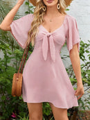 Smocked Back Knotted Flutter Sleeve Dress