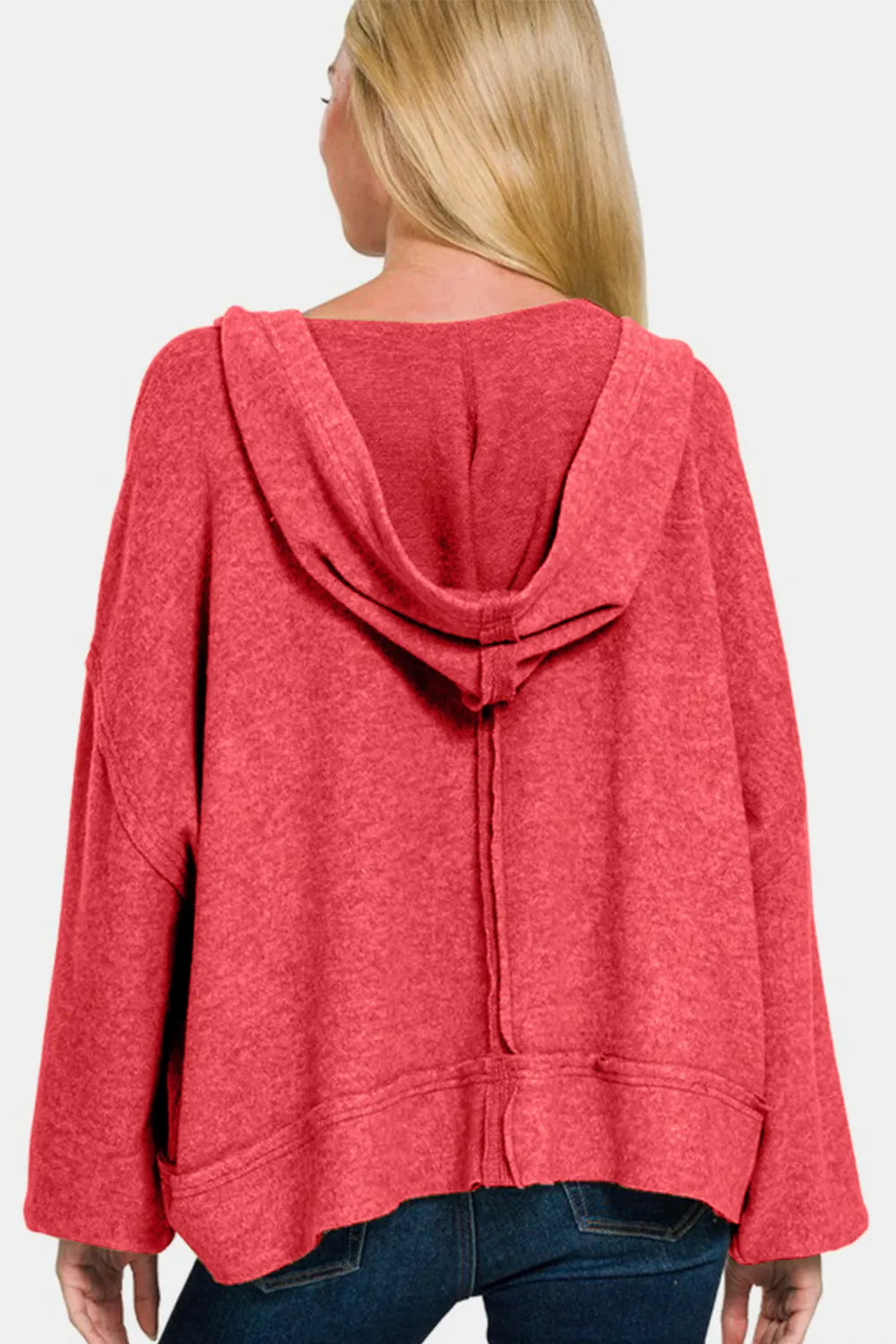 Trendy Zenana Brushed Hacci Hoodie with Exposed Seams and Balloon Sleeves for Ultimate Comfort
