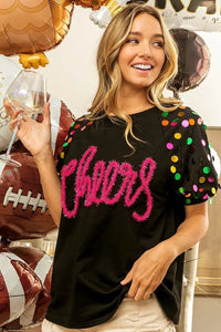 BiBi Metallic Letter Spangle Raglan Puff Sleeve Top - Store 42